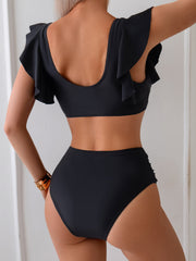 Women's Black Ruffle Sleeve Bikini Set, Plunge V-Neck Top & Ruched High Waist Bottom, 2 Piece Elegant Swimsuit