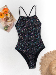 Women's Black Holographic Sparkle One-Piece Swimsuit, Crisscross Back Strappy Bathing Suit