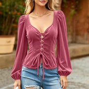 Just Style Solid-Color Crew-Neck Lace-Up Velvet Blouse With Bubble Sleeves
