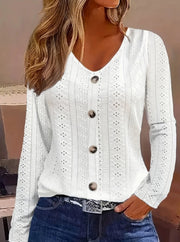 Long Sleeve Shirt Button Front V Neck Blouse Women's Clothing