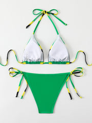 Women's Jamaica Flag Print Triangle Bikini Set, Halter Tie Top & Side Tie High Cut Bottom, 2 Piece Caribbean Swimsui