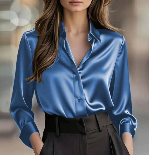 Women's Satin Long-Sleeve Button-Up Blouse