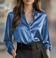 Women's Satin Long-Sleeve Button-Up Blouse