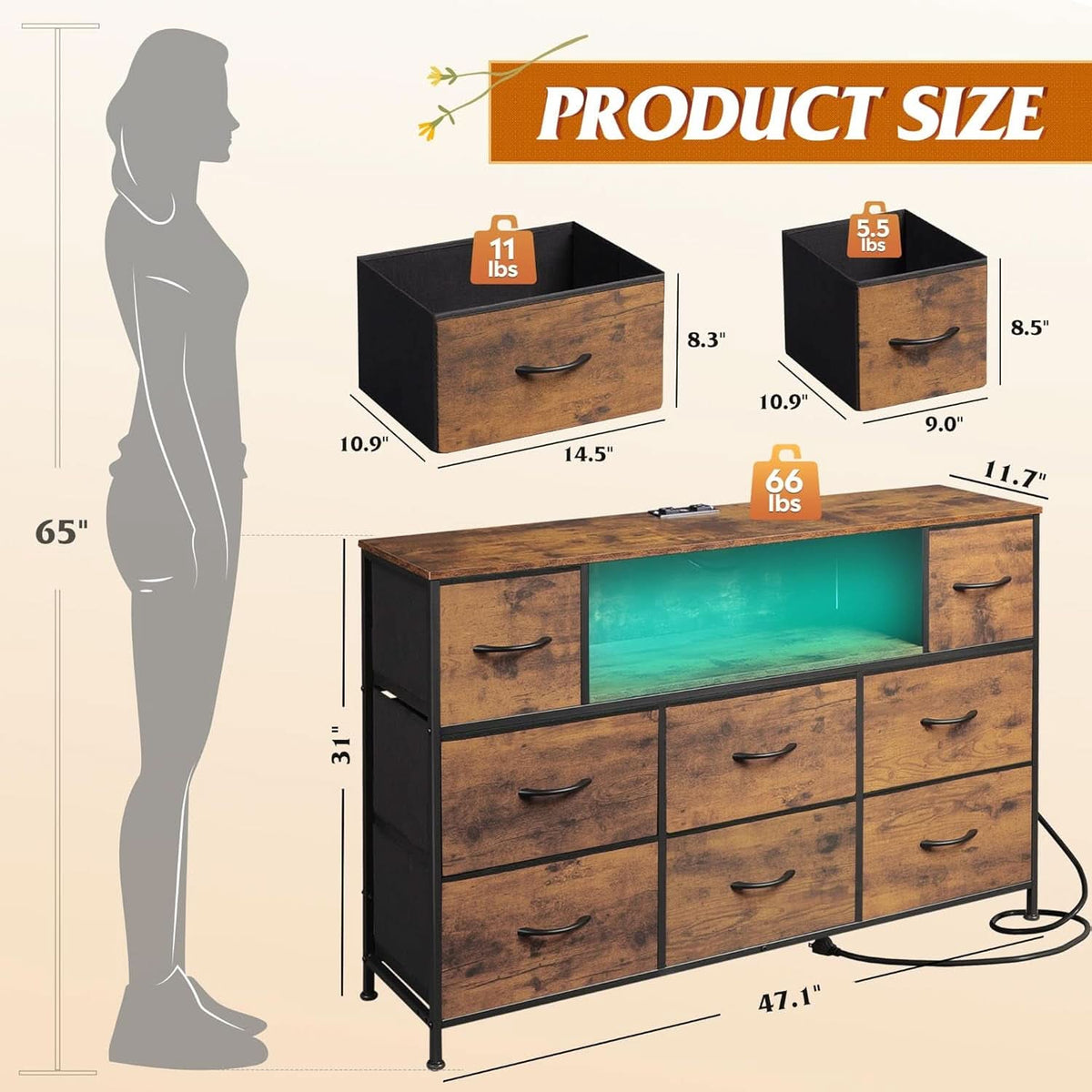 Bedroom Dresser TV Stand 55 Inch TV With Charging Station
