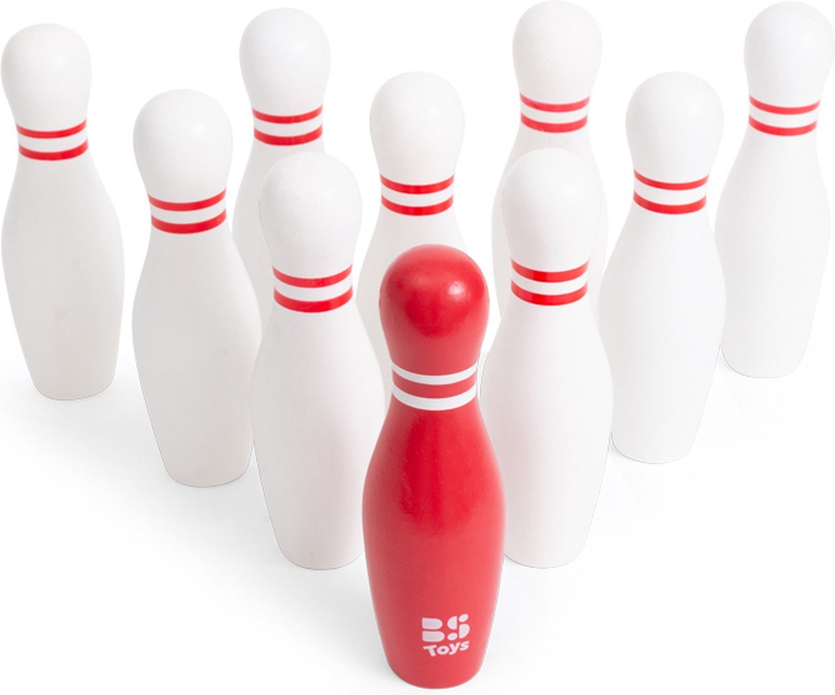 Bs toys bowling skittles game - action game - bowling set children - games for children - wood - children's toys 4 years - red white - 10 skittles - children's toys - gift child
