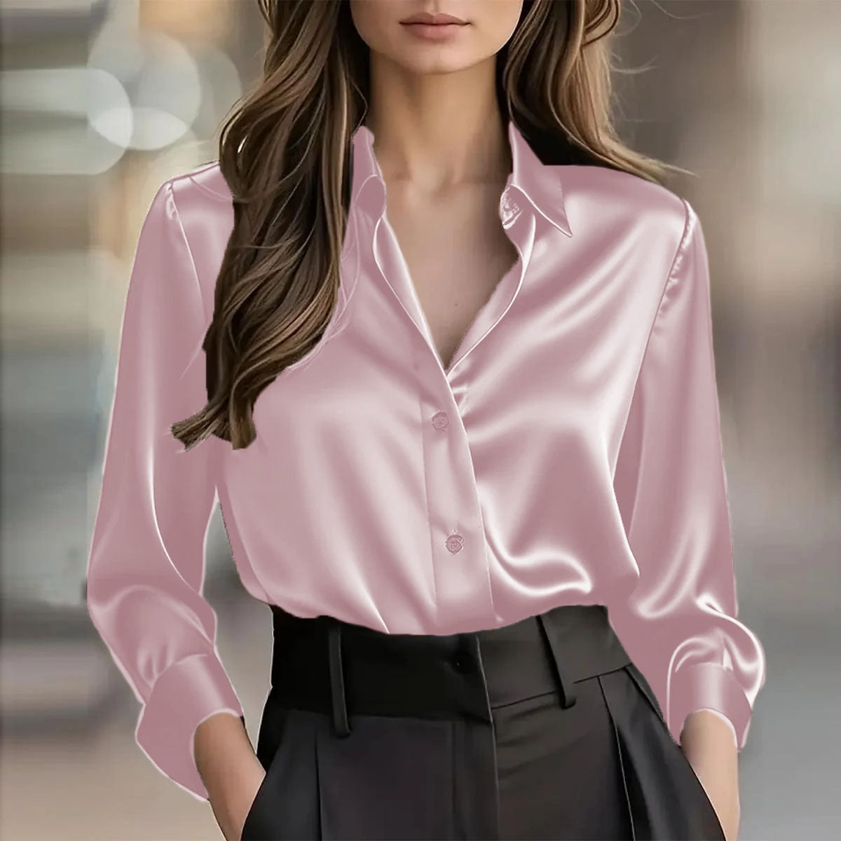 Women's Satin Long-Sleeve Button-Up Blouse