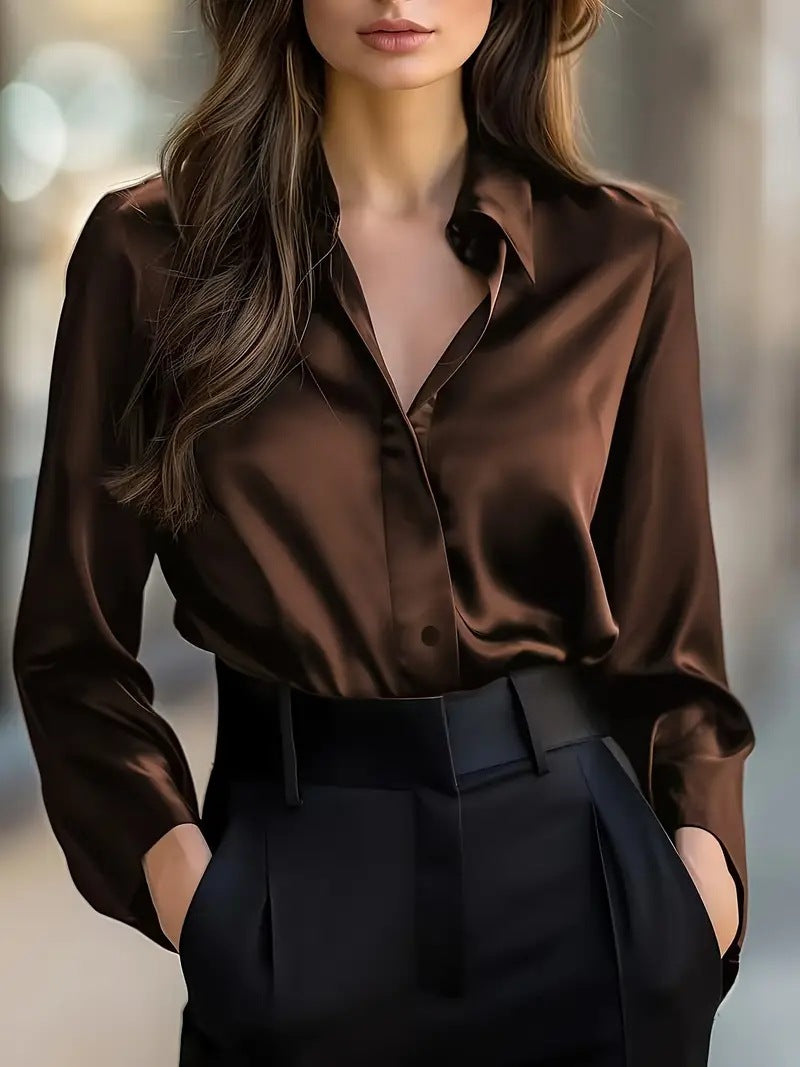 Women's Satin Long-Sleeve Button-Up Blouse