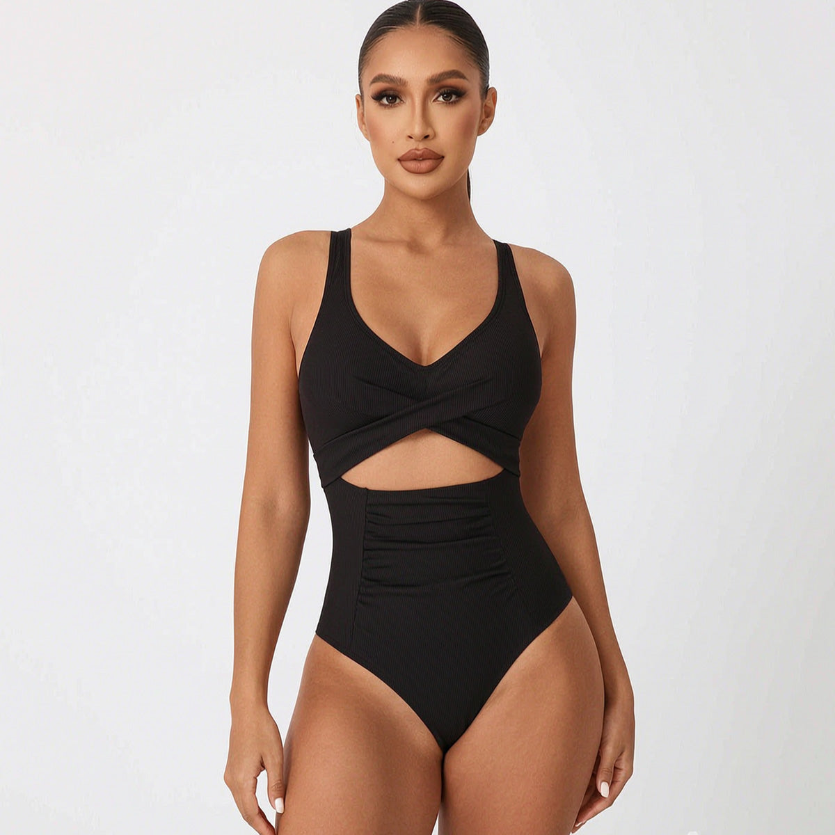Women Ribbed Cutout One Piece Swimsuit, Tummy Control Cross Wrap High Cut Bathing Suit