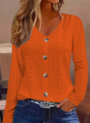 Long Sleeve Shirt Button Front V Neck Blouse Women's Clothing
