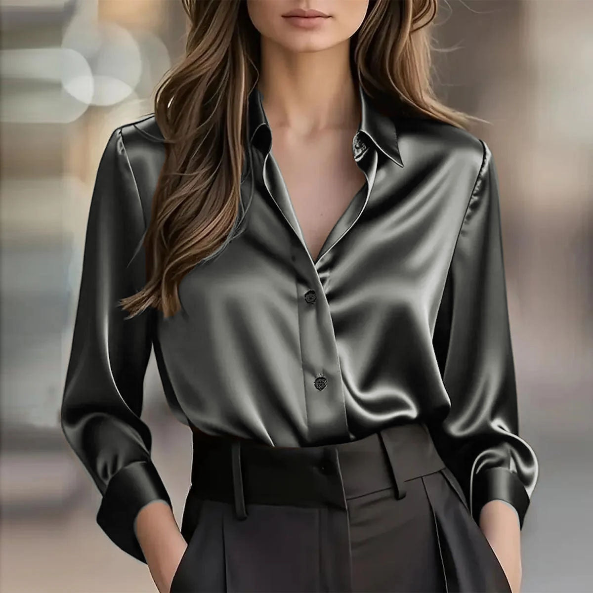 Women's Satin Long-Sleeve Button-Up Blouse