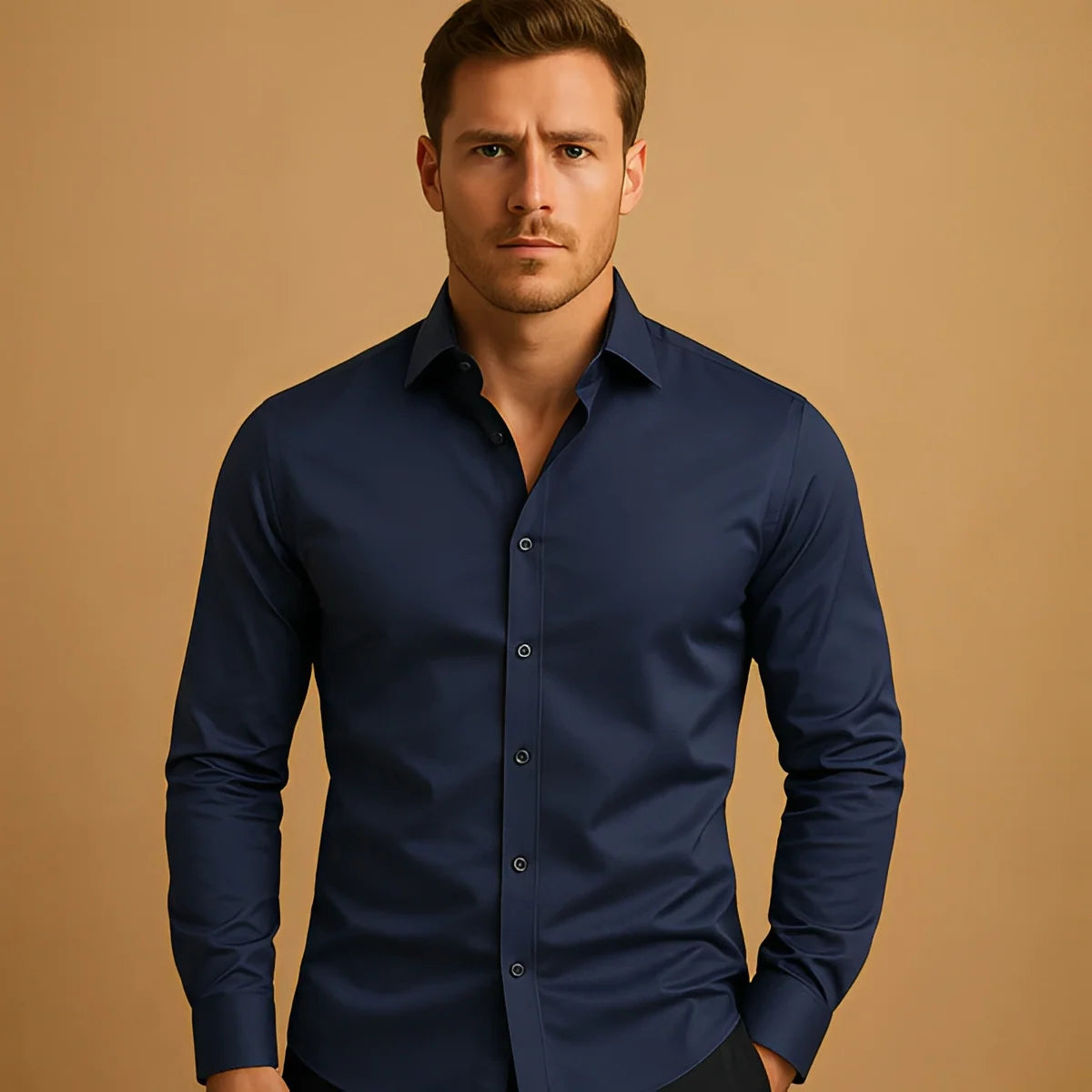 Men's Shirt Business Button Down Shirt Summer Solid Color Long Sleeve Lapel Vacation Shirt Fashion Temperament Casual Tops