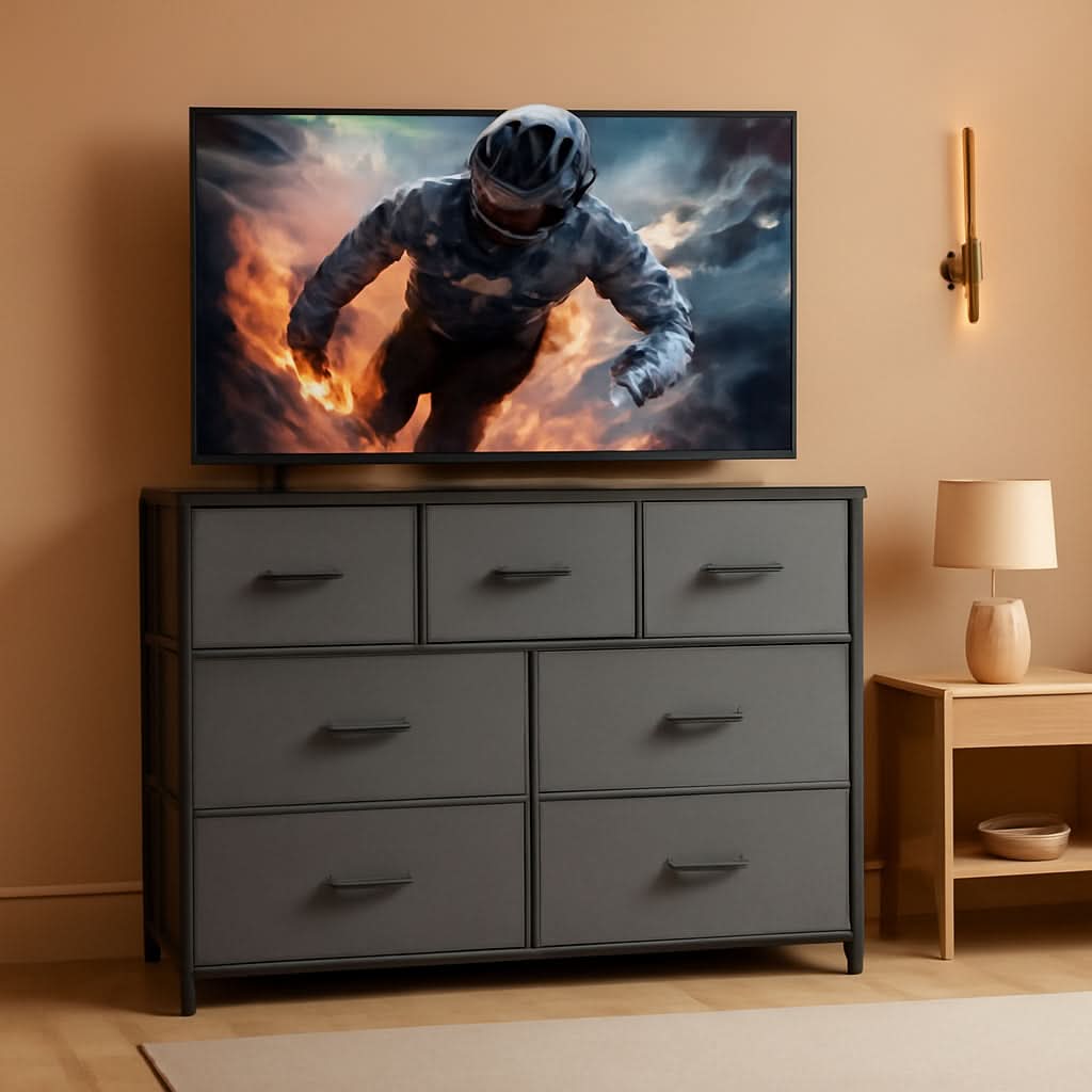 Dark Grey Dresser TV Stand With Fabric Drawers For 45 Inch TV