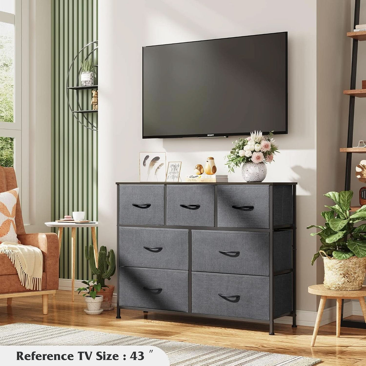 Dark Grey Dresser TV Stand With Fabric Drawers For 45 Inch TV