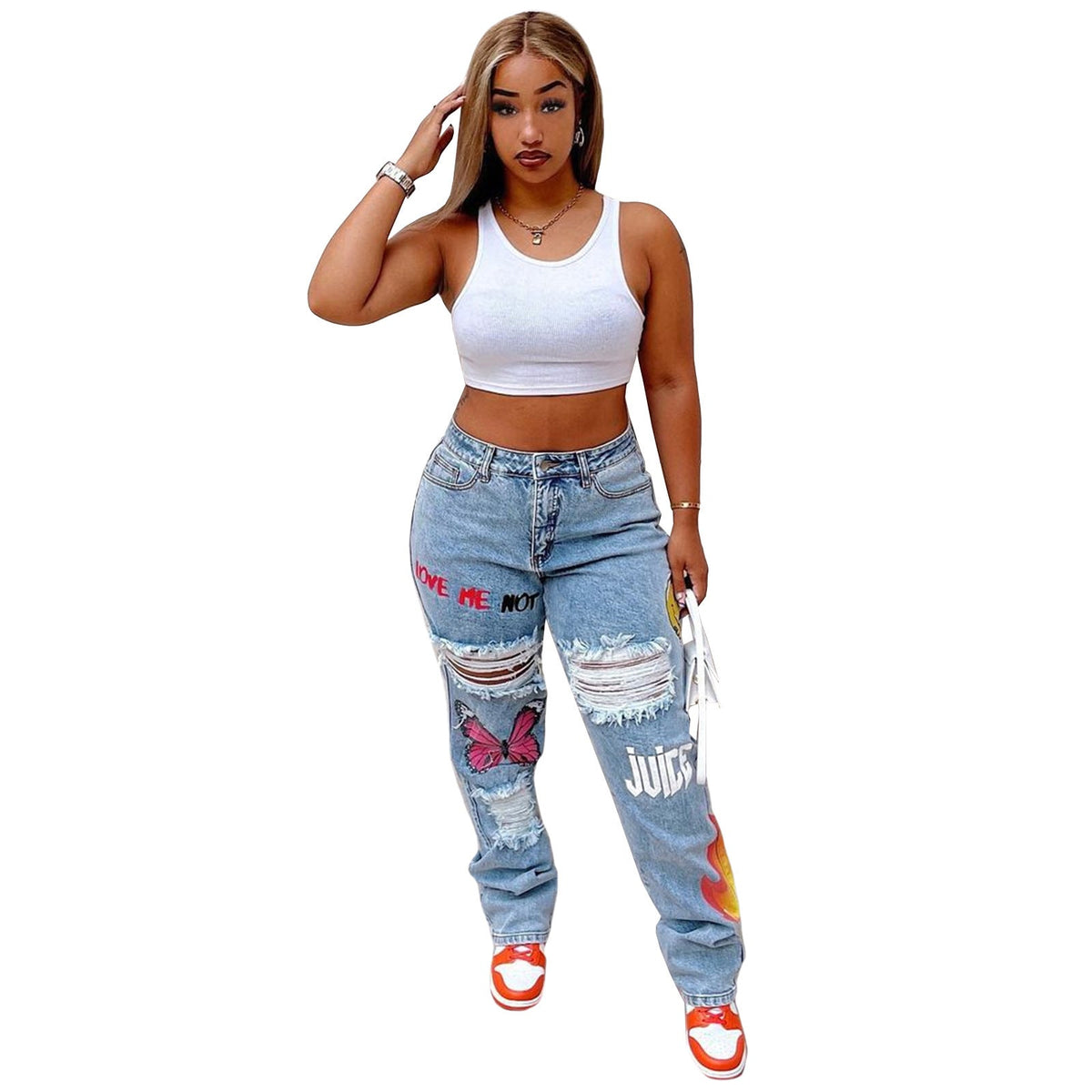 Digital Print Ripped Fashion Jeans for Women