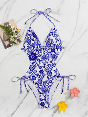 Women's Blue Floral Halter One-Piece Swimsuit, Cutout Waist & Tie-Side Cheeky Bathing Suit