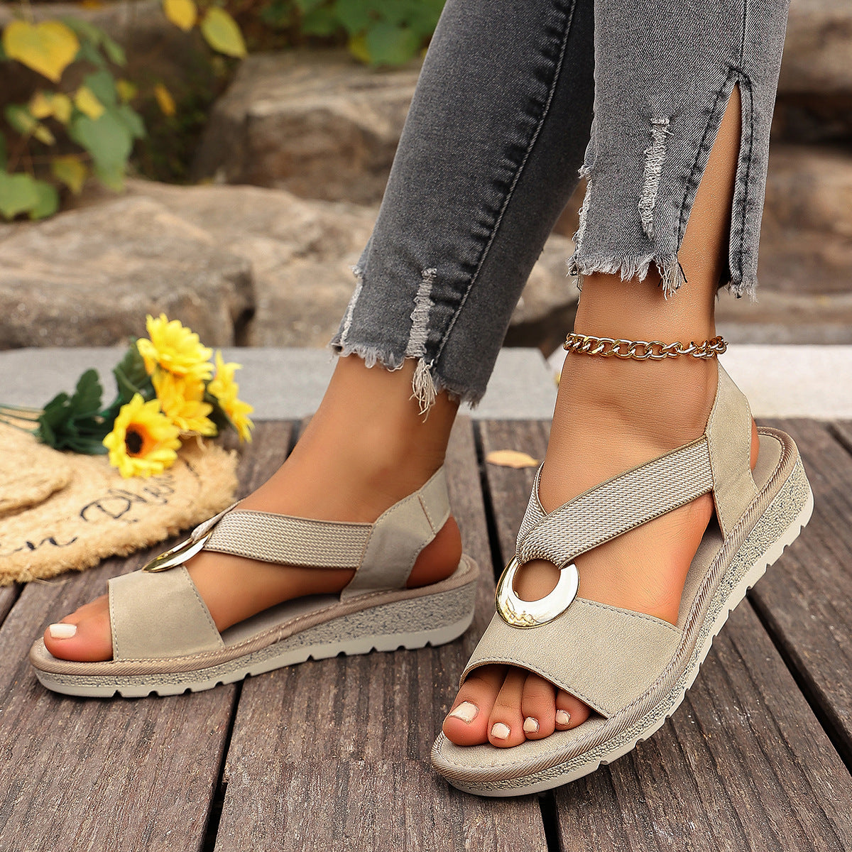 Plus Size Fish Mouth Wedge Sandals Flat Sole Elastic Strap Open Toe Summer Shoes For Women