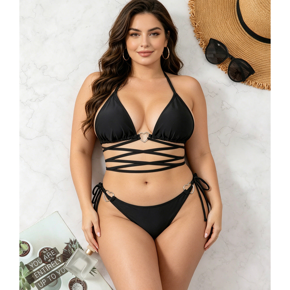 Just Style Black Lace-Up Triangle Bikini Set