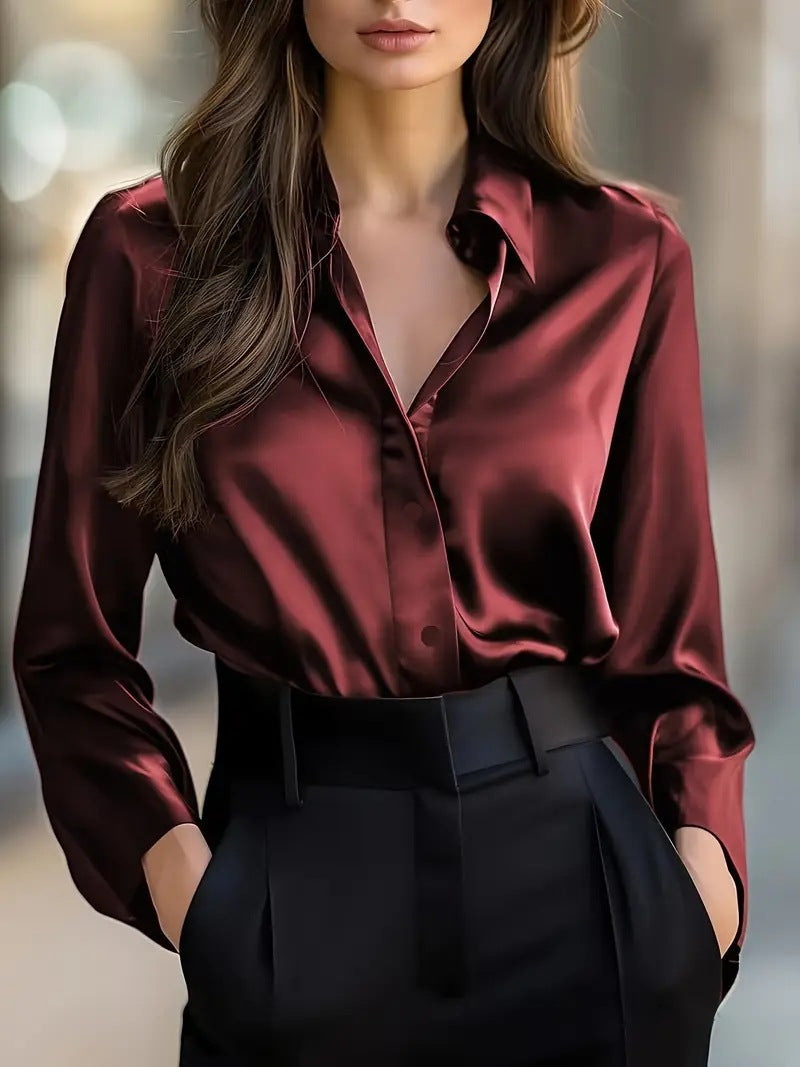 Women's Satin Long-Sleeve Button-Up Blouse