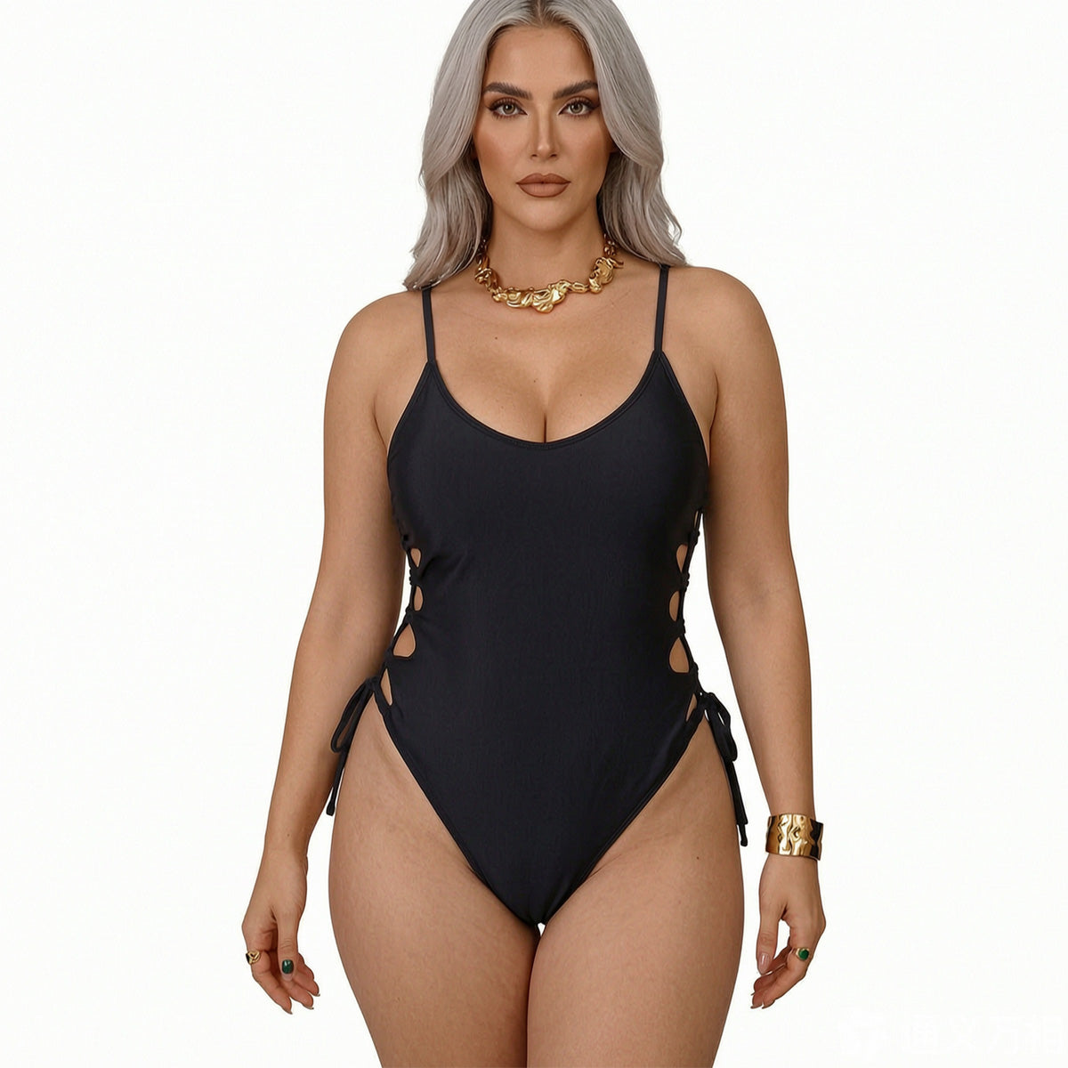 Women's Side Cutout Lace Up One Piece Swimsuit, Scoop Neck Thin Strap High Cut Black Bathing Suit