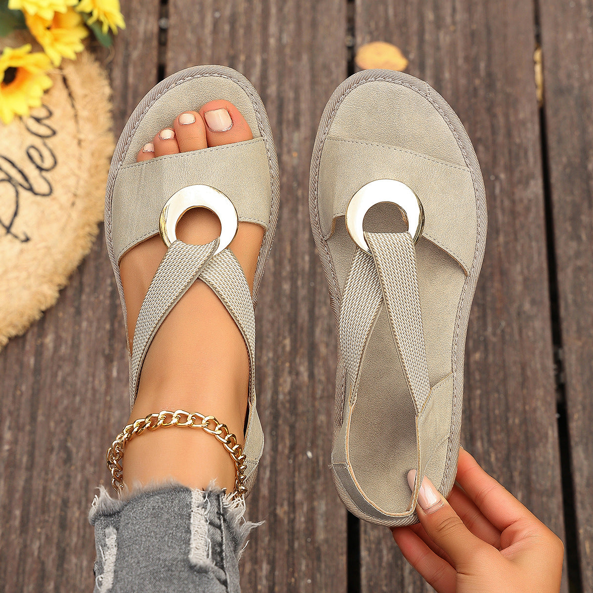 Plus Size Fish Mouth Wedge Sandals Flat Sole Elastic Strap Open Toe Summer Shoes For Women