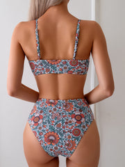 Women's Retro Floral Bikini Set, Tie-Front V-Neck Top & High Waist Bottom, 2 Piece Boho Swimsuit