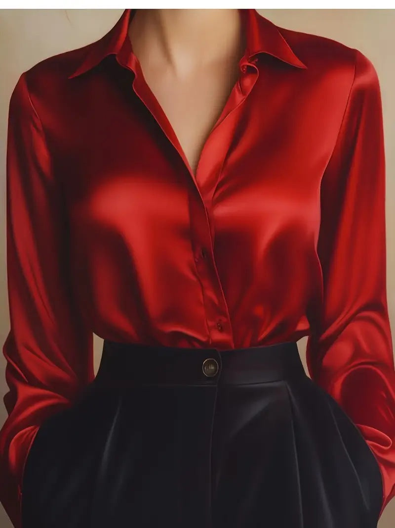 Women's Satin Long-Sleeve Button-Up Blouse