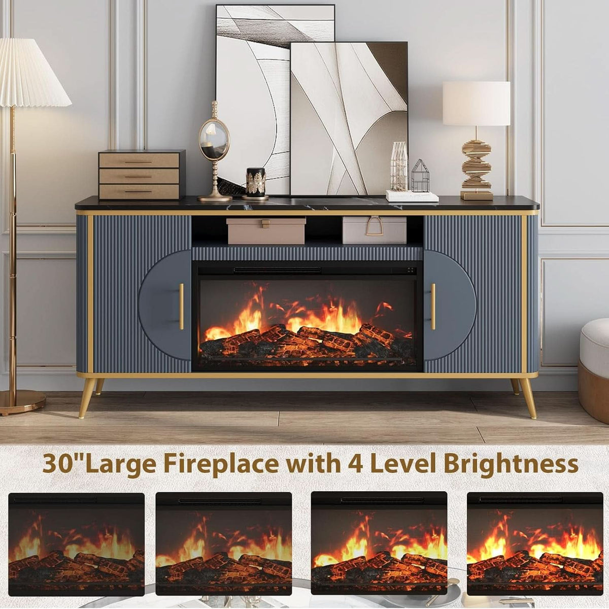 Fluted Fireplace TV Stand Navy Sophisticated Marble