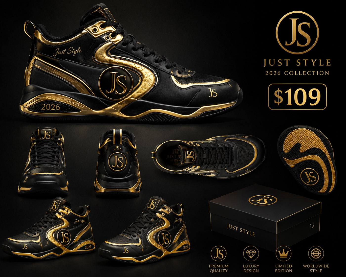 Just Style 2026 Black & Gold Signature Sneaker