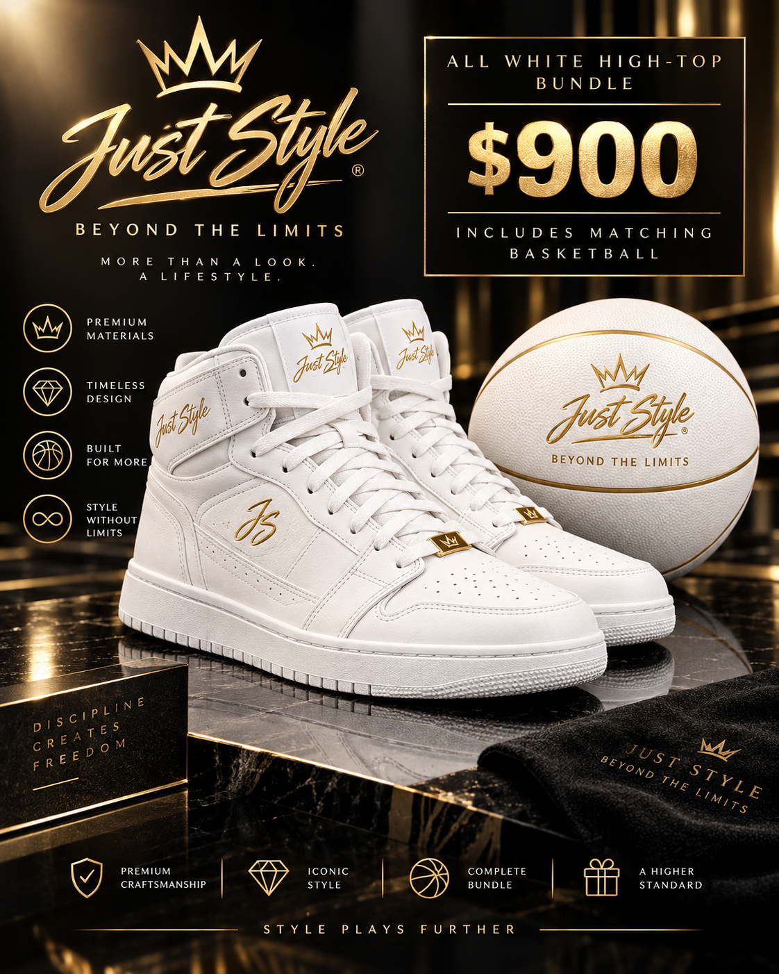 Just Style All-White Court Reserve High-Top + Basketball Bundle