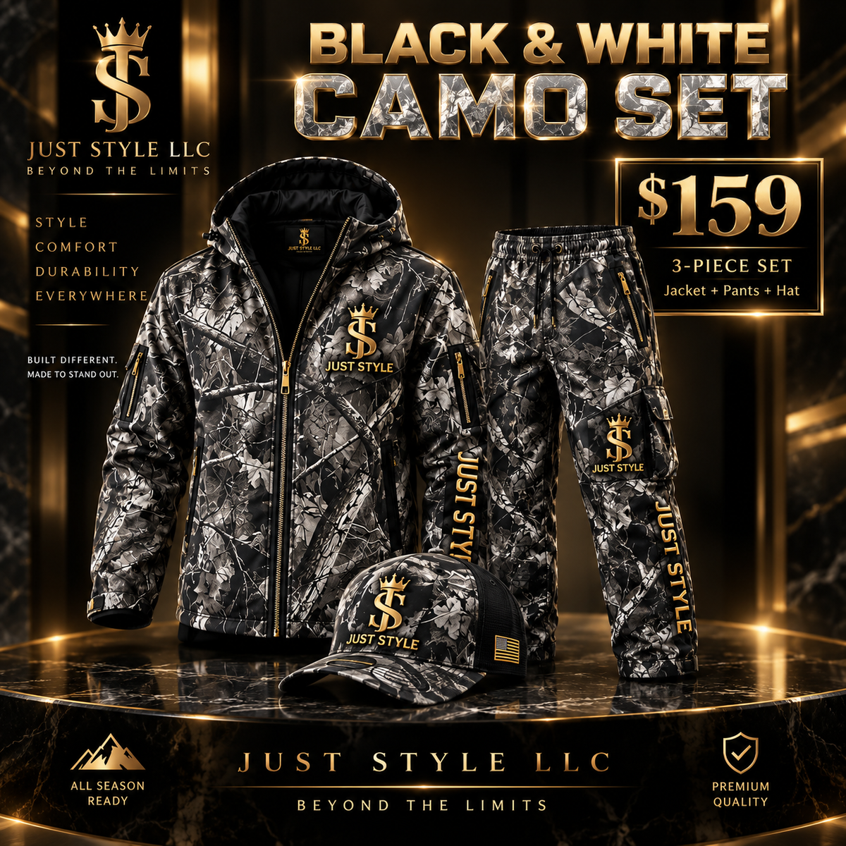 Just Style Black & White Camo 3-Piece Set