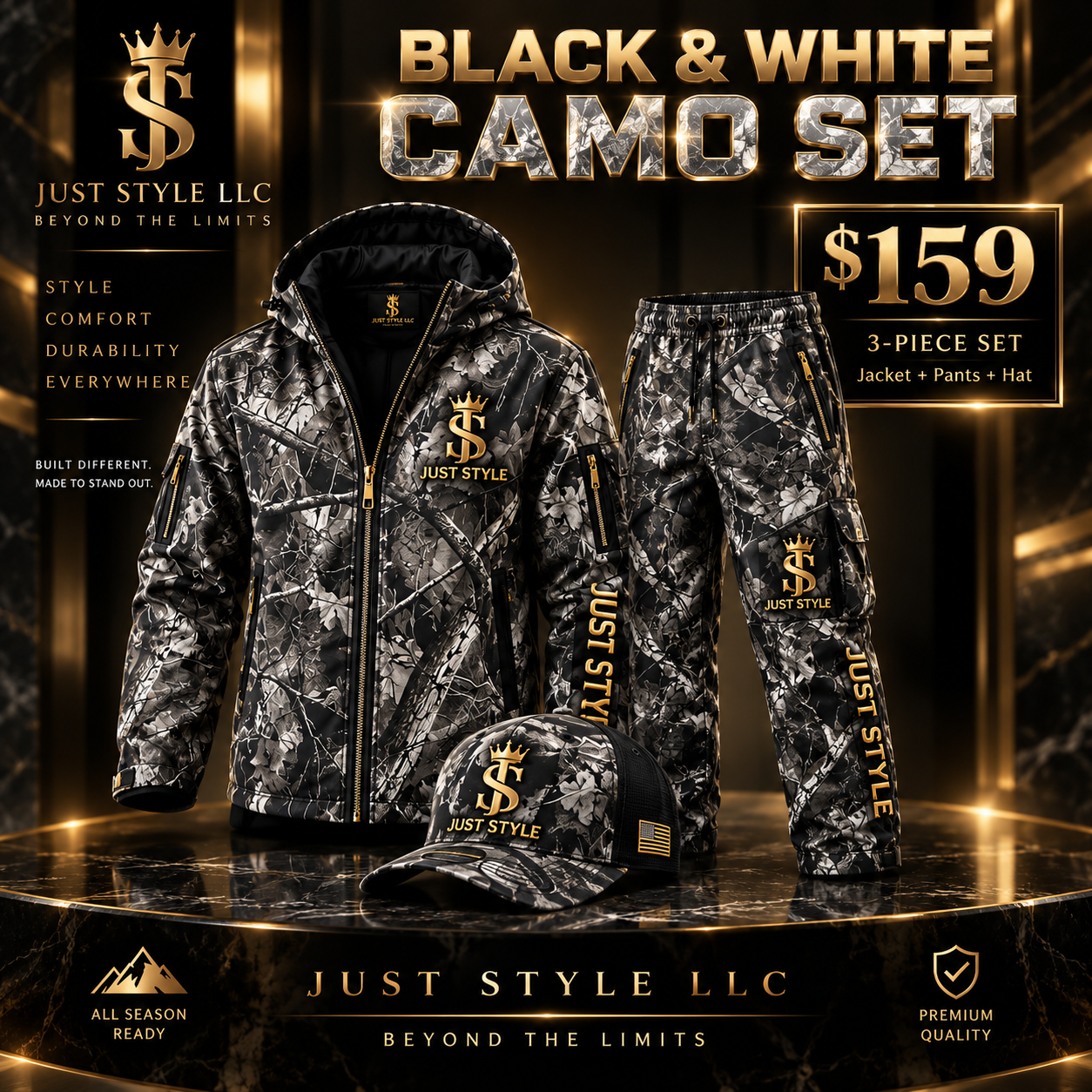Just Style Black & White Camo 3-Piece Set