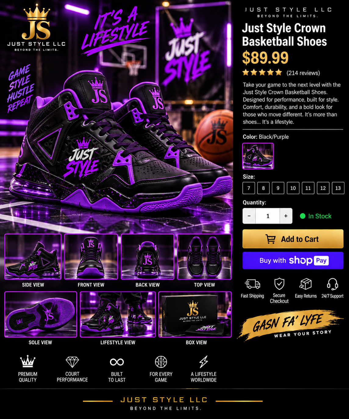 Just Style Crown Basketball Shoes — Black & Purple