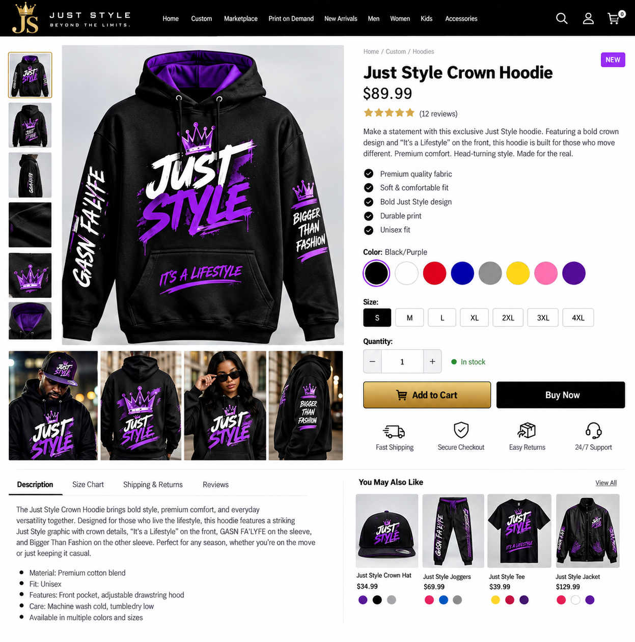 Just Style Crown Tee — Black & Purple