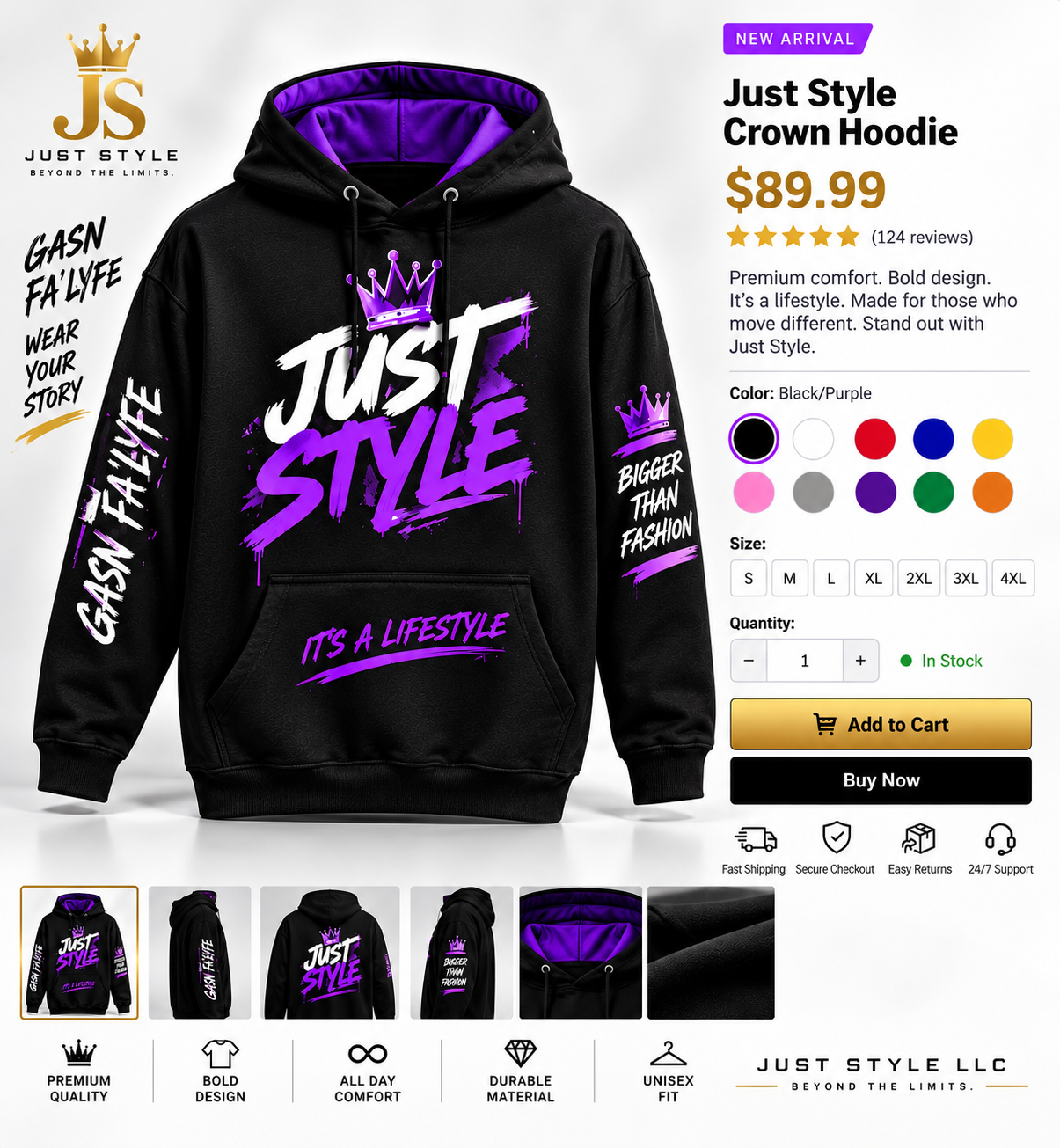 Just Style Crown Hoodie — Black & Purple