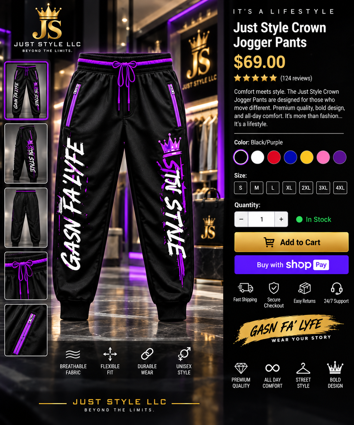 Just Style Crown Joggers — Black & Purple