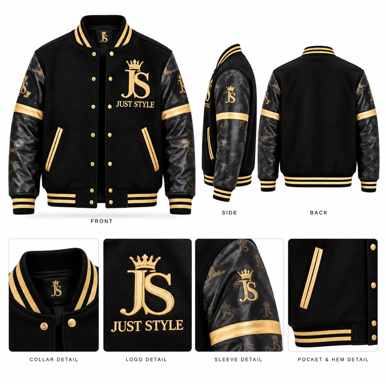 Just Style Luxury Varsity Jacket – Black & Gold