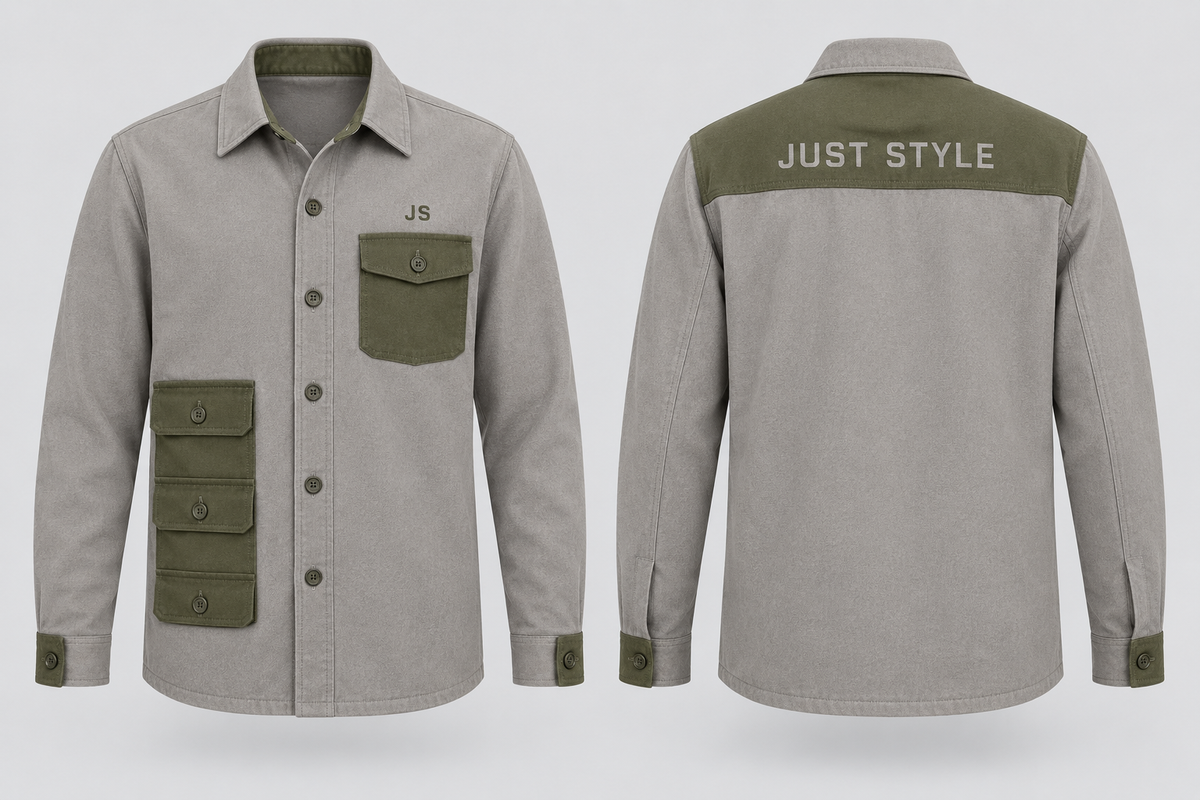 Just Style Official Men’s Stone Olive Ladder-Pocket Shacket