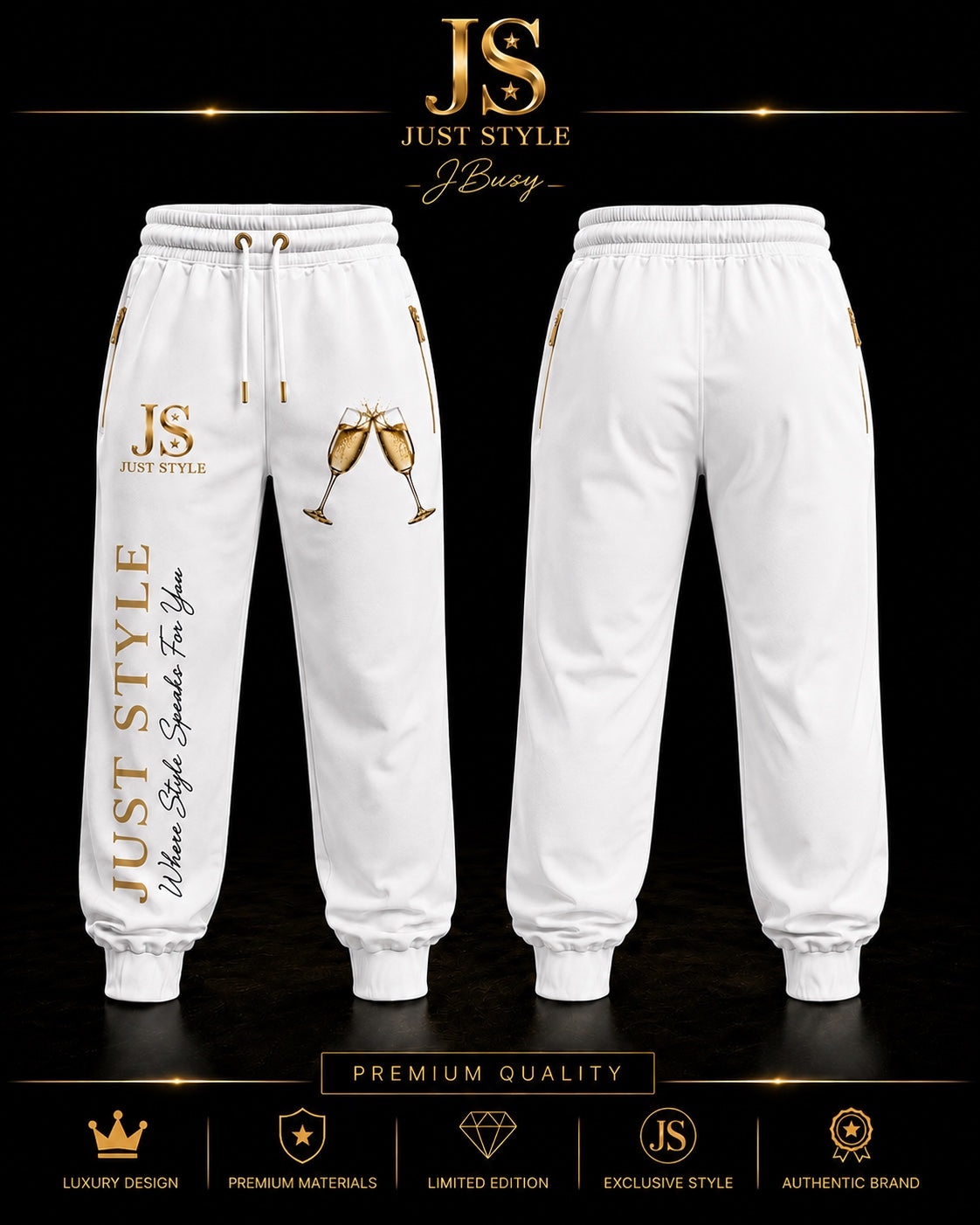 Just Style White & Gold Signature Joggers