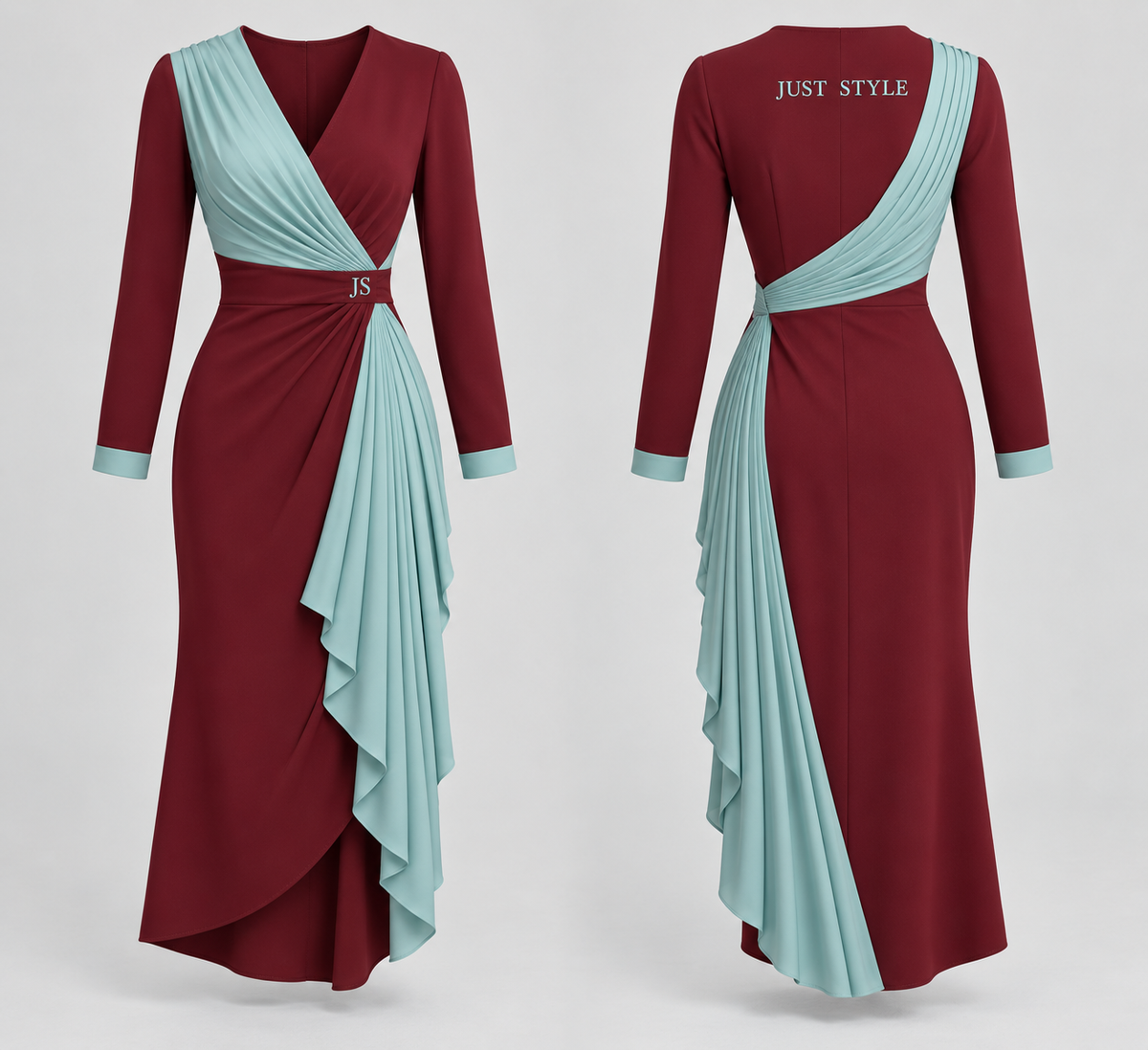 Just Style Official Women’s Burgundy Aqua Spiral-Pleat Wrap Dress