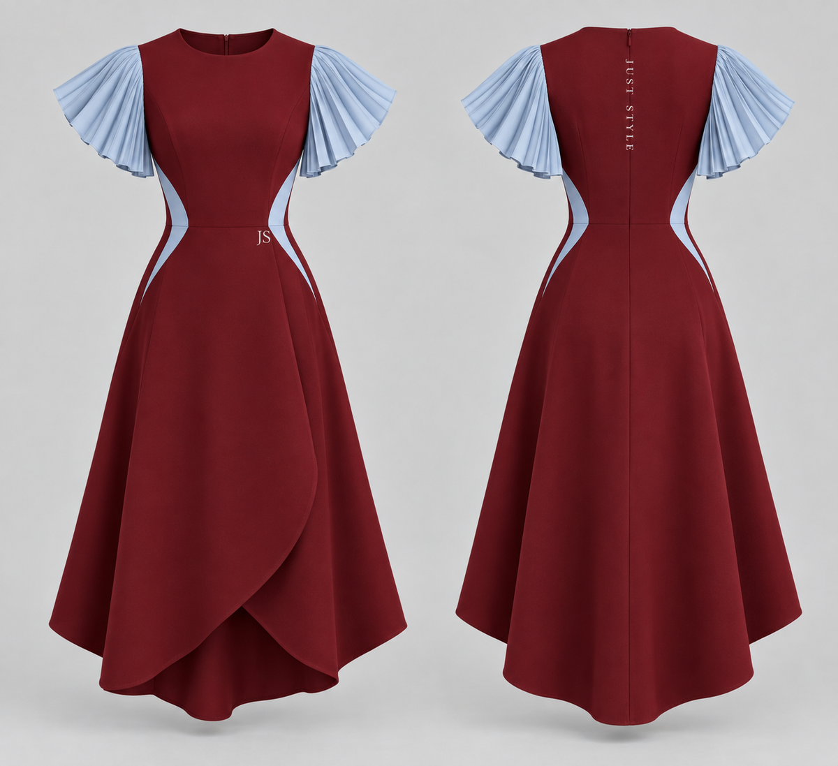 Just Style Official Women’s Oxblood Ice Fan-Sleeve Midi Dress