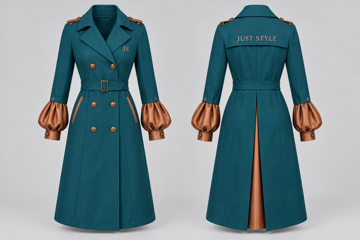 Just Style Official Women’s Teal Copper Lantern-Cuff Trench Jacket