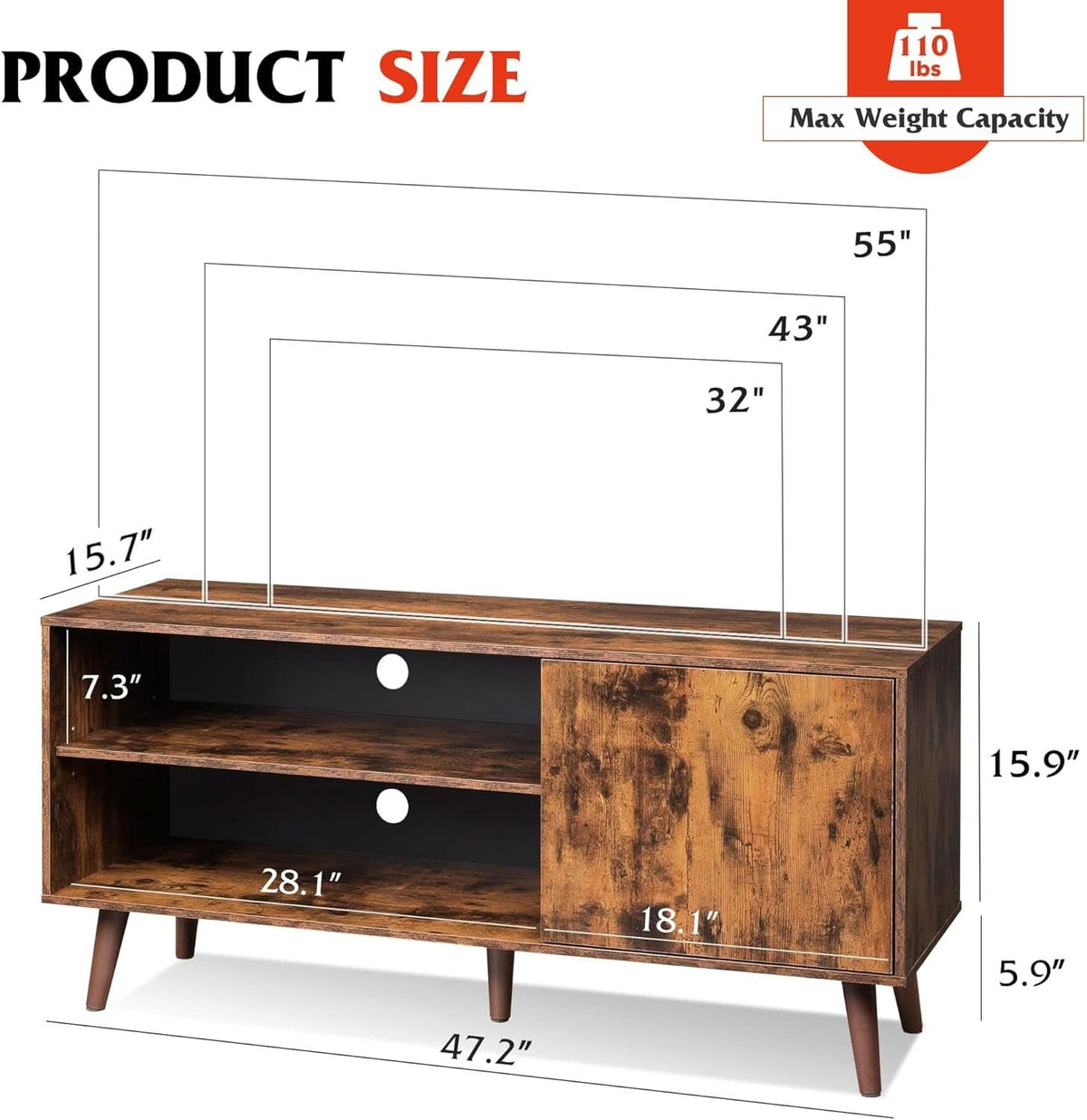 Mid Century TV Stand for 55 Inch TV Brown Wood Entertainment Center With Storage