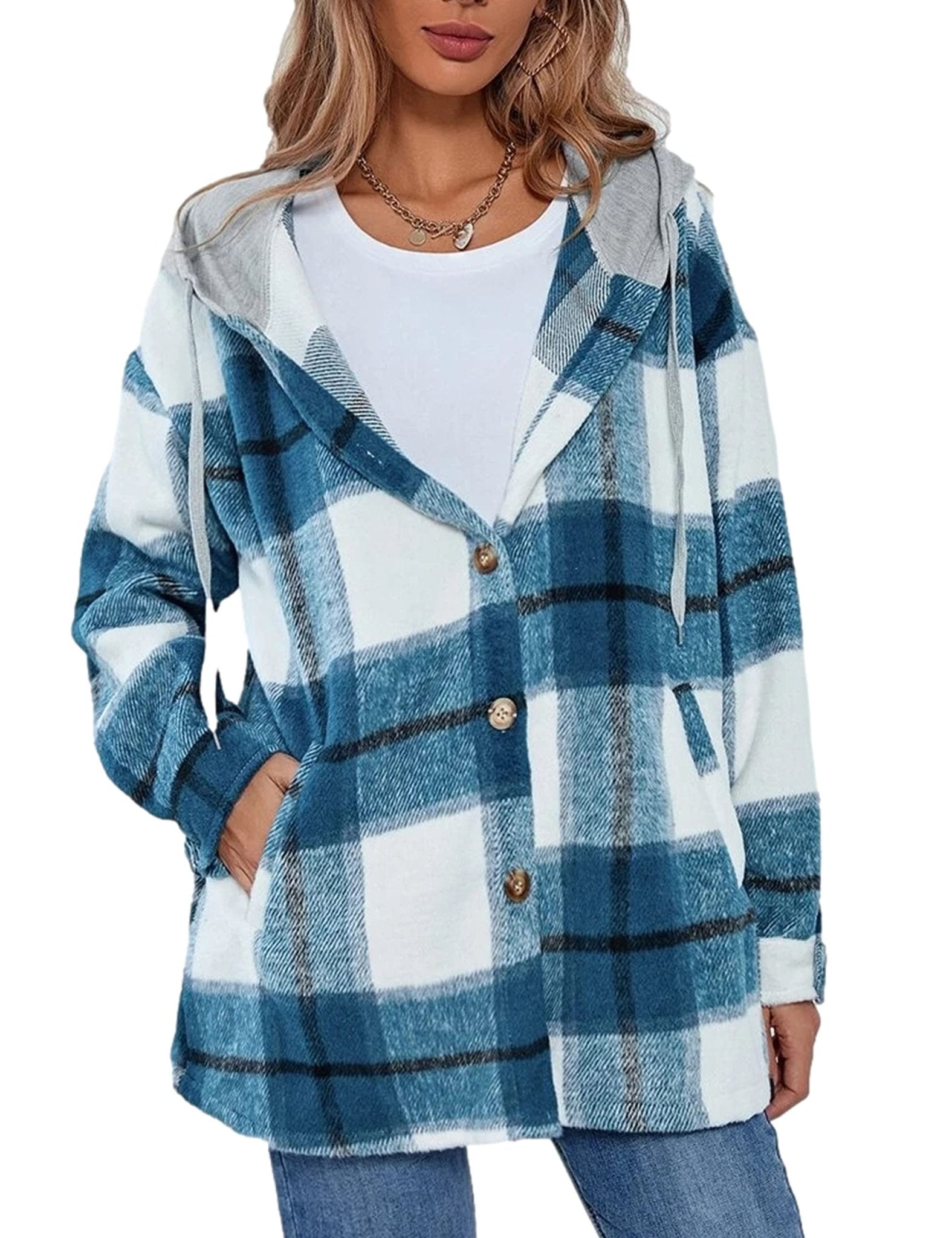 Mingzhu Color Block Flannel Plaid Hoodie Shacket Jacket Fall Fashion Coat for Women(0042-Blue-XXL)