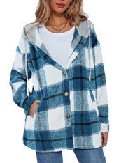 Mingzhu Color Block Flannel Plaid Hoodie Shacket Jacket Fall Fashion Coat for Women(0042-Blue-XXL)