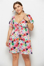 Printed Deep V-Neck Dress with Elastic Waist