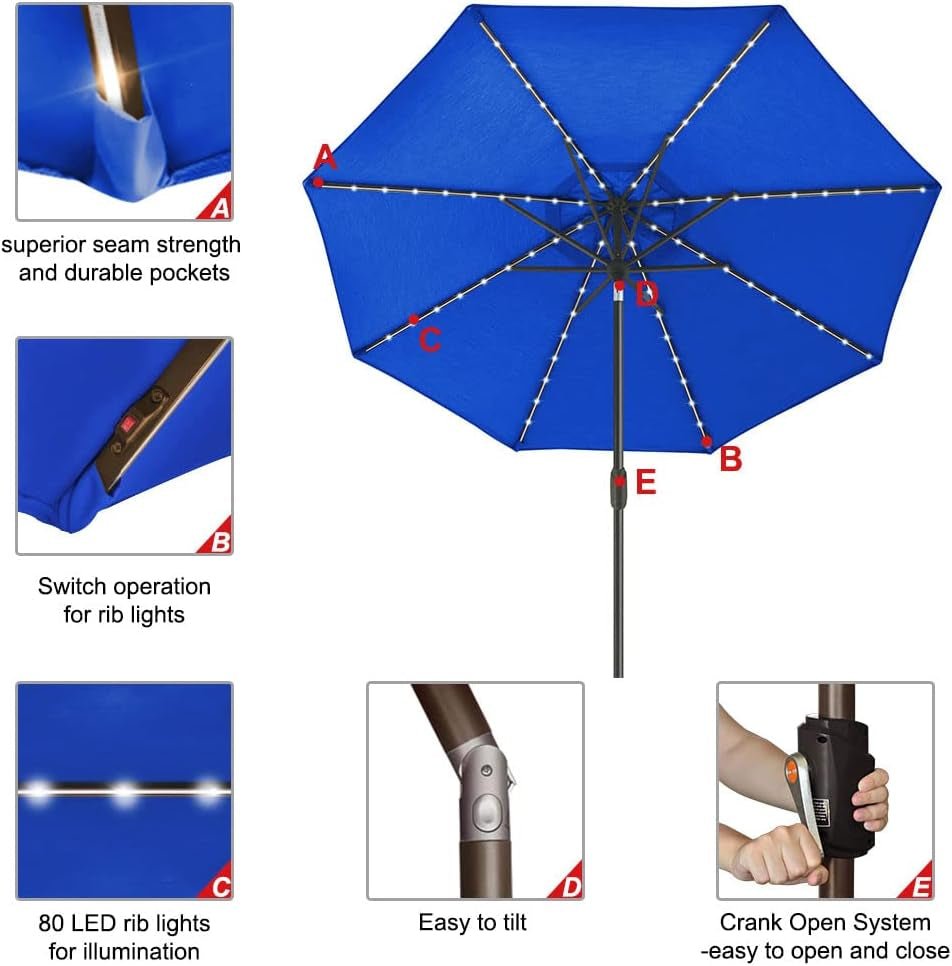 Royal Blue 9Ft Market Umbrella Weather Resistant LEDs