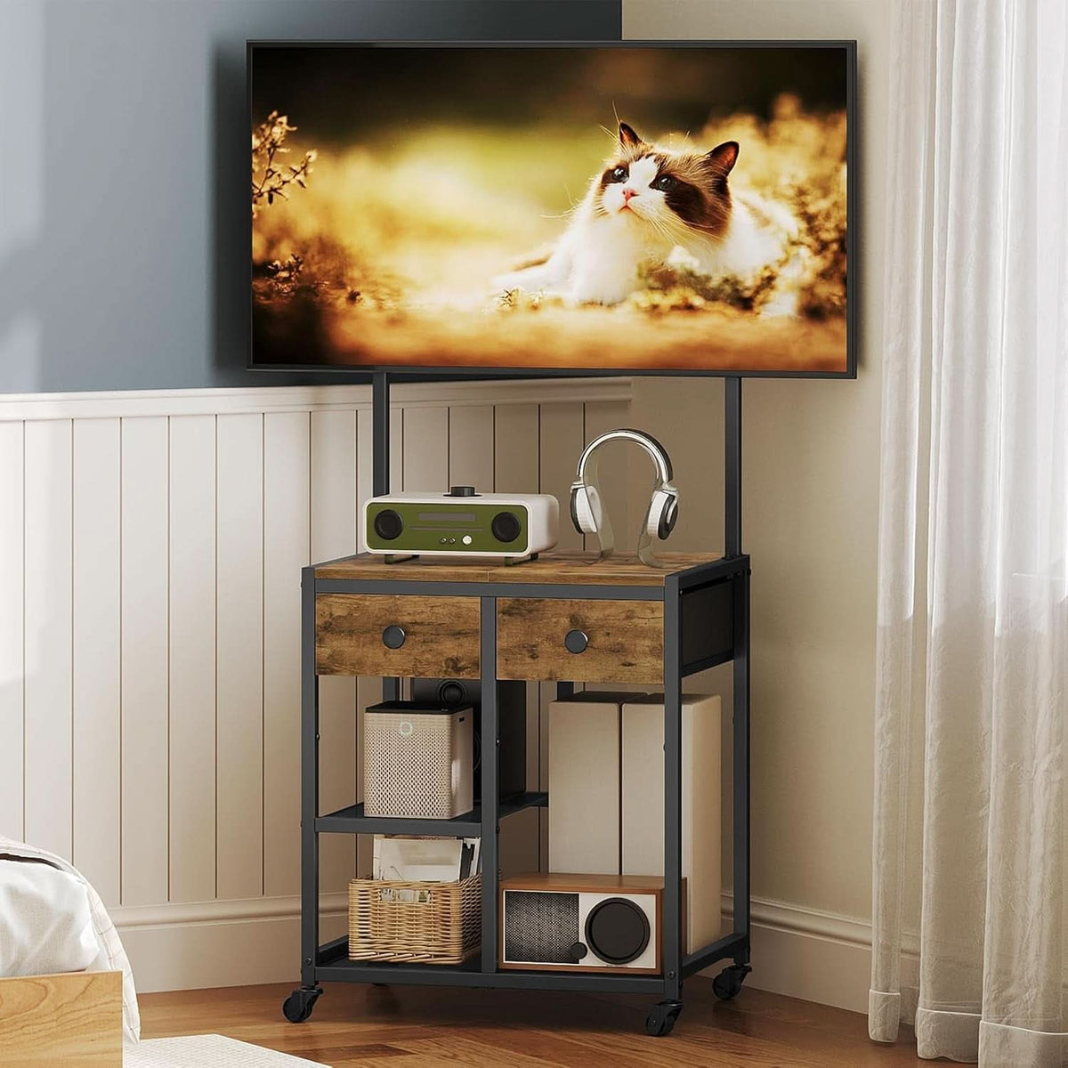 Rustic Brown Entertainment TV Stand Featuring Casters