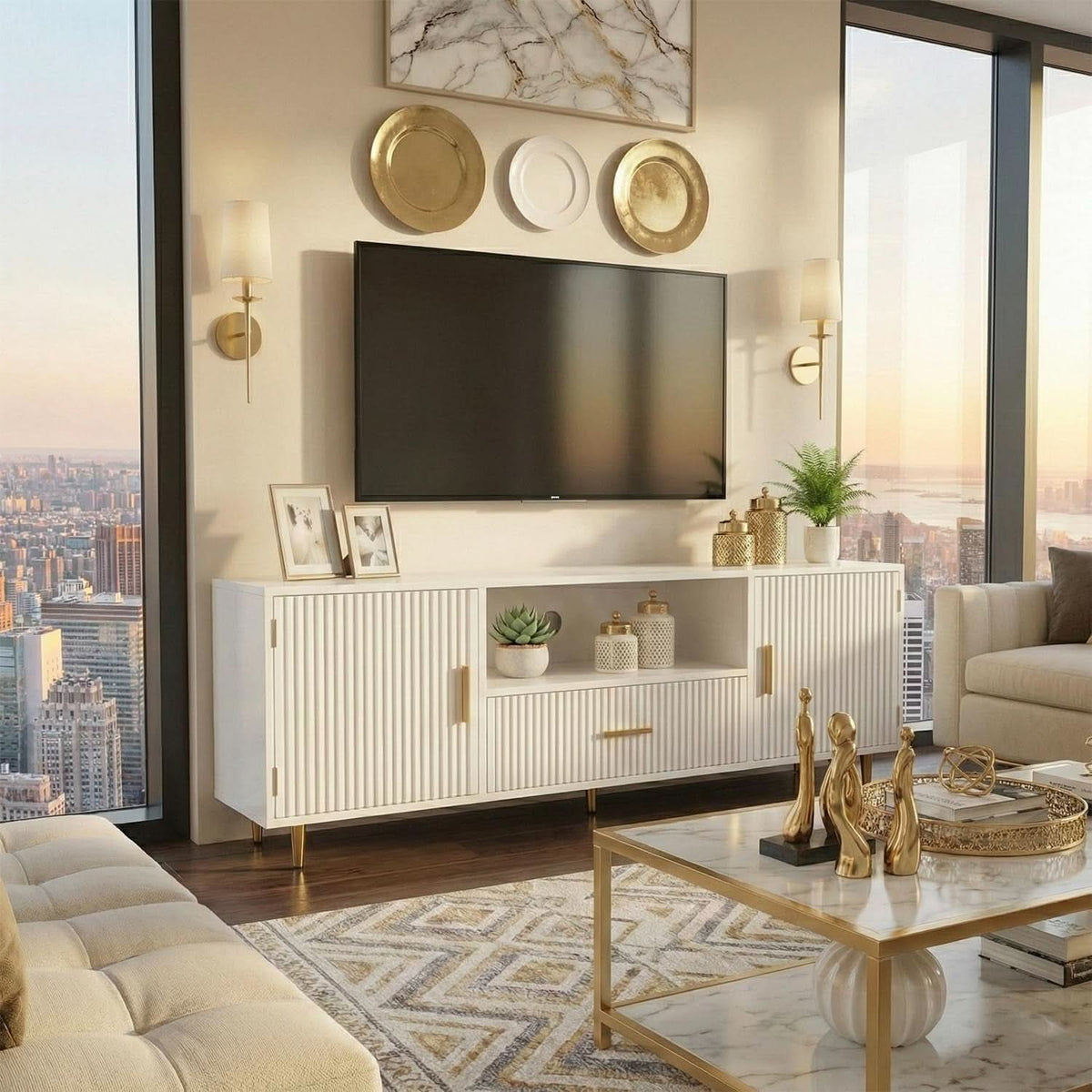 White Fluted TV Entertainment Console SixtyFive Inch