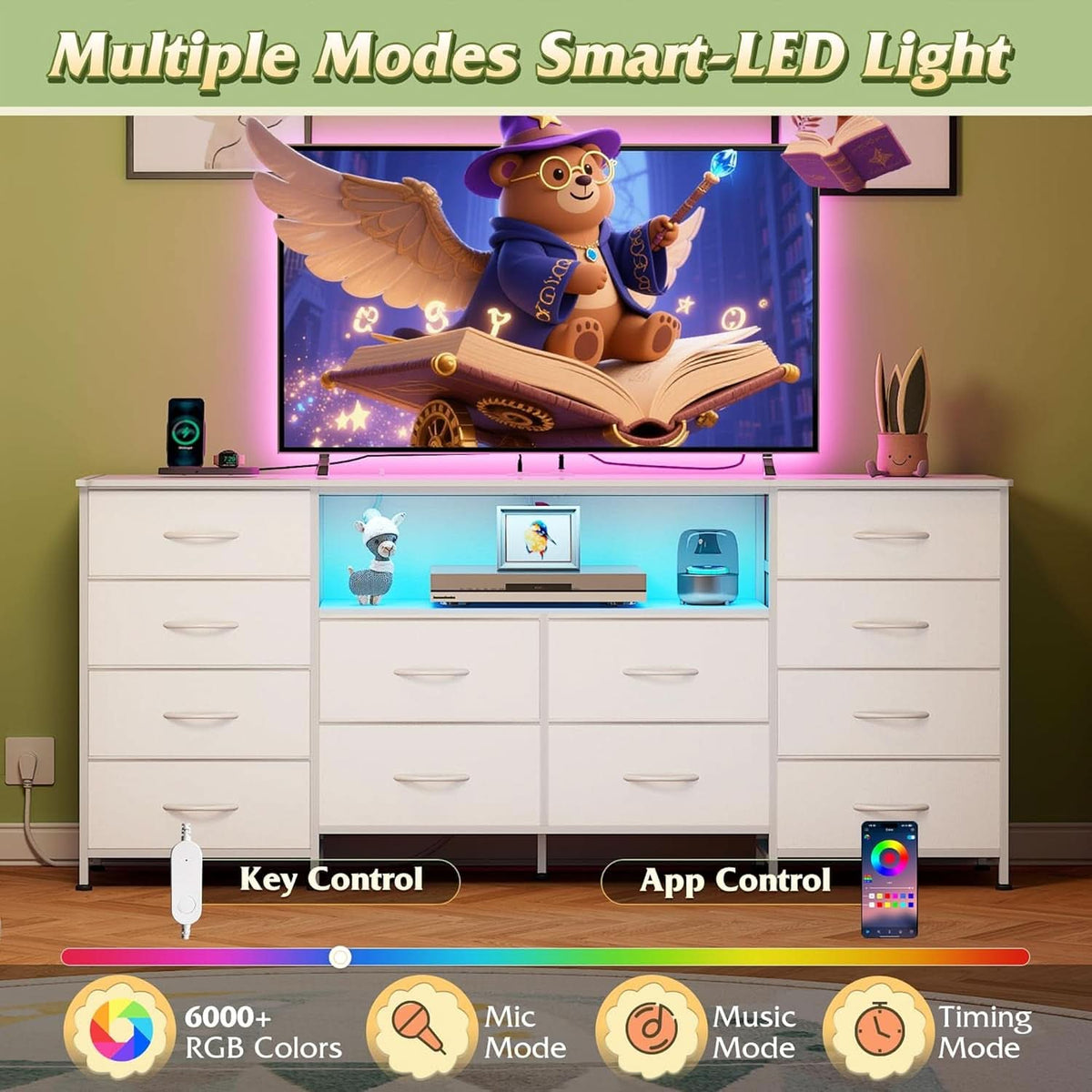 White TV Stand Dresser With Integrated LEDs 65 To 75 Inch TV