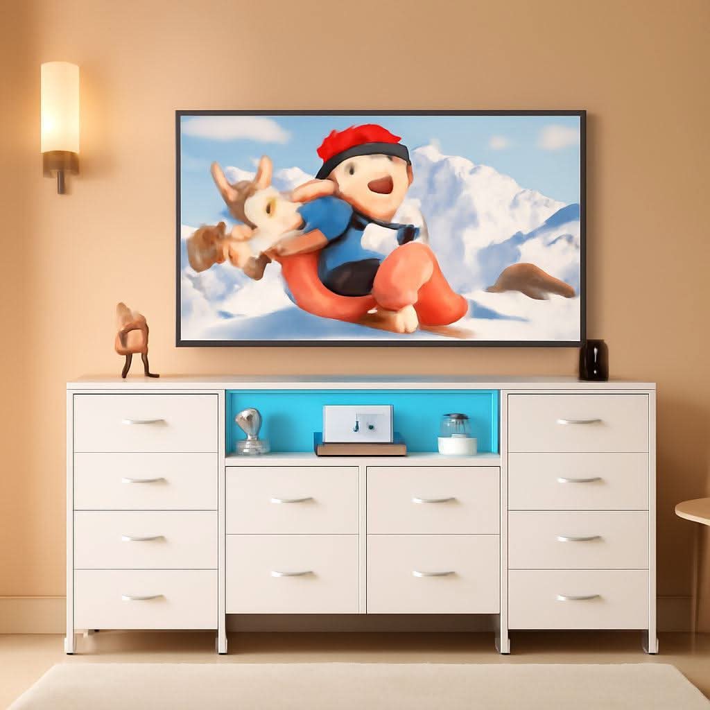 White TV Stand Dresser With Integrated LEDs 65 To 75 Inch TV